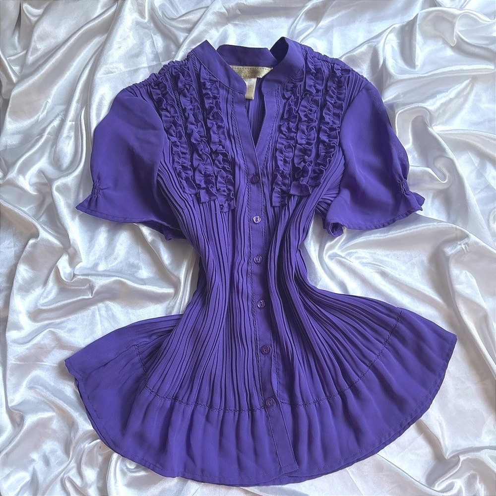y2k ruffled Pleated Blouse Purple Short Sleeve Chiffon Top L